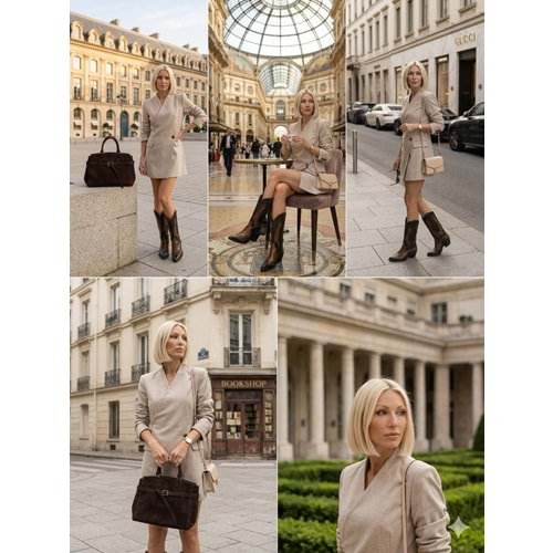 Luxury Collectrion Italyan Kesim Kruvaze Ceket - Etek Takım - BEJ - L - ST01127-BEJ-L