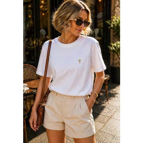 Premium Broş Detay Pamuklu T-Shirt - BEYAZ - L - ST01133-BEYAZ-L