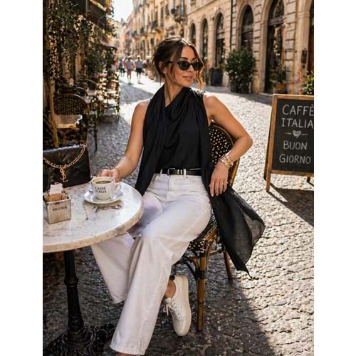 Luxe Drapeli Şal Yaka Sıfır Kol Bluz - SİYAH - L - ST01135-SİYAH-L