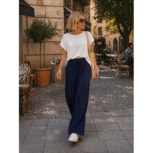 Ipeksi Dokunuş Soft Touch Navy Mavi Geniş Kesim Pantolon - LACİVERT - L - ST01142-LACİVERT-L