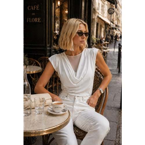 Premium Vatka Omuz Degaje Yaka Tül Katmanlı Bluz - BEYAZ - L - ST01150-BEYAZ-L