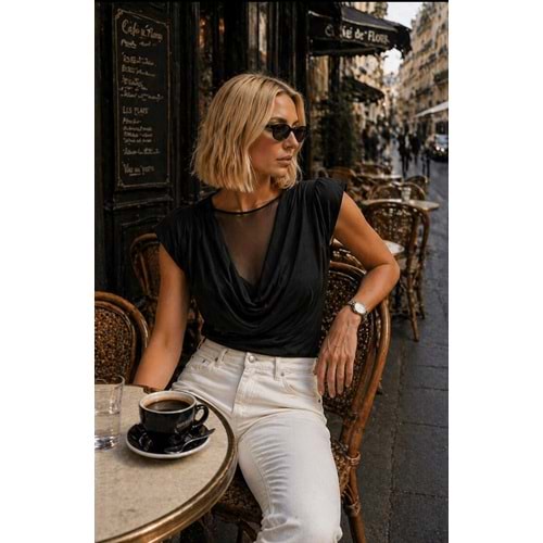 Premium Vatka Omuz Degaje Yaka Tül Katmanlı Bluz - SİYAH - L - ST01150-SİYAH-L