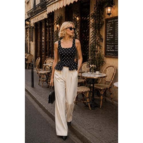 Retro PolkaDot Puantiye Bluz Bel Kesim Detaylı Yeni Sezon - SİYAH - L - ST01194-SİYAH-L