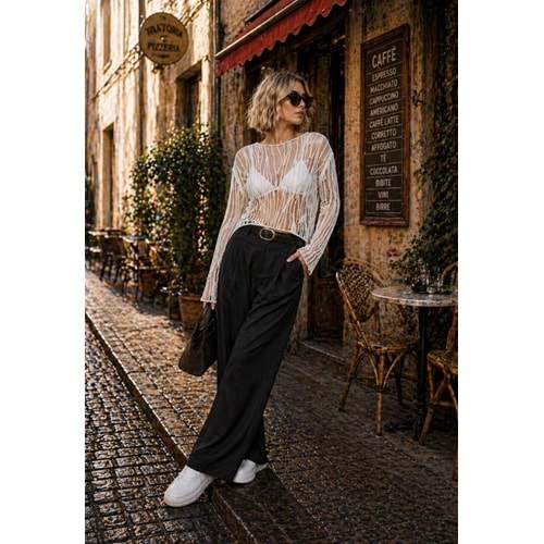 Soft Transparan Örme Ajur Bluz - Beyaz