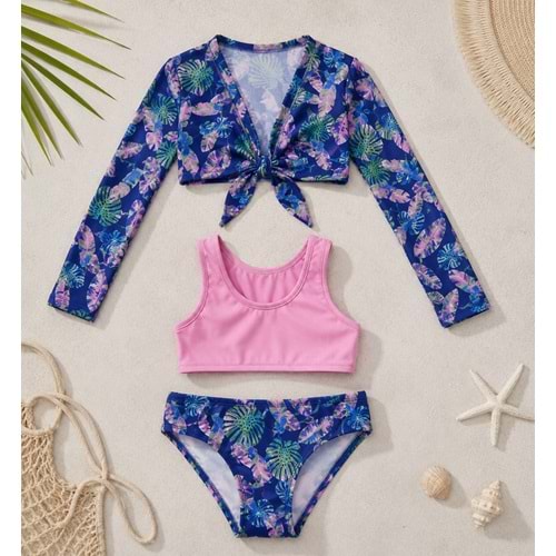 Yaprak - Tropik Desen Pembe Mavi Ton Pareo Halter Yaka Bikini Takımı 3'lü Set