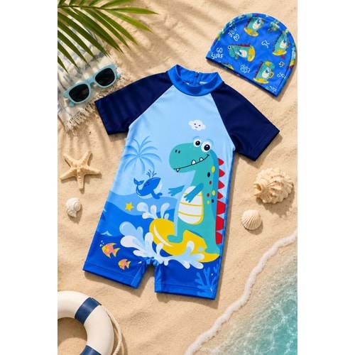 Erkek Çocuk Mini Dino Wawe Surfer Tarz Kısa Kollu Mayo Bone Takımı