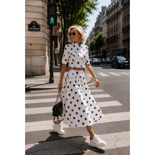 Polka Chic Mavi Beyaz Puantiye Tasarım Kısa Kol Ceket - Bluz
