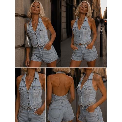 Taş Detaylı Halter Yaka Denim Kot Yelek Sırt Dekolteli