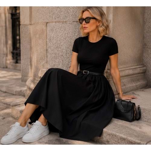 Elegance Siyah Kemerli Poplin Midi Elbise