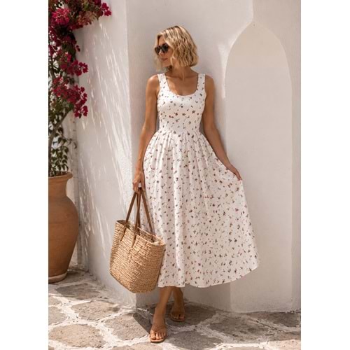 Romantic Garden Çiçek Desenli Midi Boy Bloom Kloş Kesim Elbise