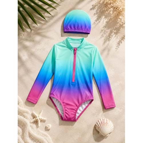 Kız Çocuk Sunset Surf Uzun Kol Fermuarlı Güneş Koruma Mayo - Bone Takımı
