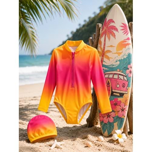 Kız Çocuk Sunset Surf Uzun Kol Fermuarlı Güneş Koruma Mayo - Bone Takımı