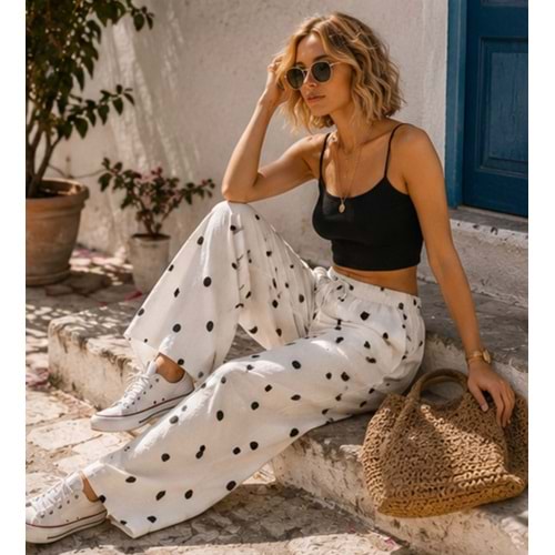 Yüksek Bel Bol Paça Puantiyeli Pazallo Kadın Pantolon Mocha Dots