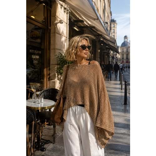 Ibeeka - Bohem Şıklık Tarçın Kahve Payet Detaylı Triko Panço