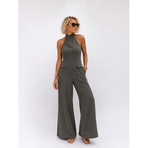 Premium Haki Halter Yaka Sırt Dekolteli Geniş Paça Palazzo Tulum