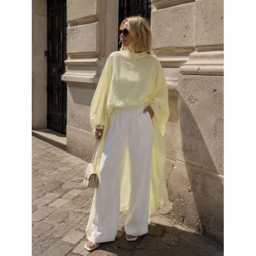 Kadın Bebe Mavi - Beyaz Uzun Asitmetrik Oversize Pamuklu Uçuş Pelerin Bluz