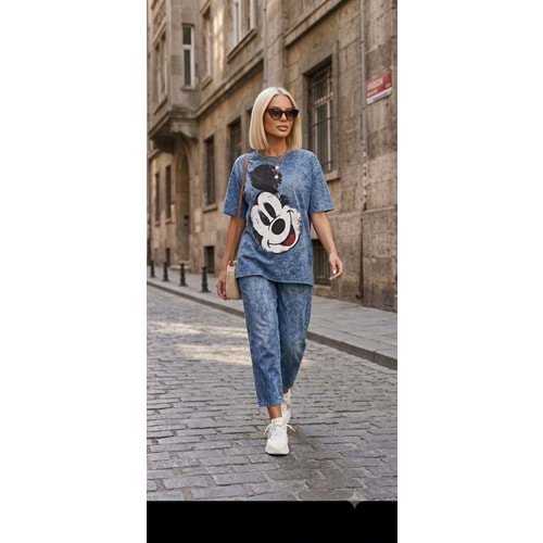 Kadın - Mavi Yıkama Baskılı Oversize Alt Üst Takım