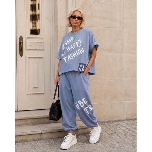Kadın - Oversize Büyük Beden Uyumlu Yazı Baskılı Şalvar Pantolon 2li Takım
