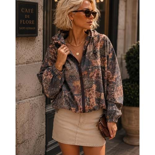 Heritage Print Vintage Desen Kapüşonlu Yağmurluk / Bomber Ceket