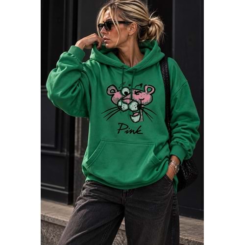Yeşil Renk 2 İplik Baskılı Sweatshirt Kanguru Cep