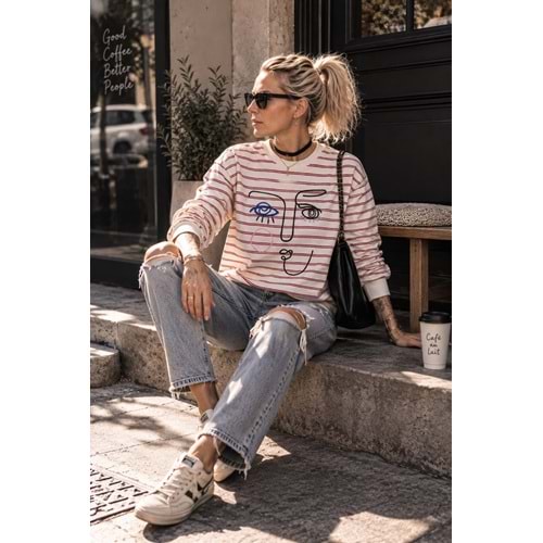 Yüz Silüet Nakışlı Renkli Çizgili Sweatshirt 2 İplik