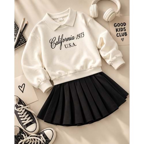 Kız Çocuk Polo Yaka Sweatshirt - Etek Trend Alt Üst Takım Yeni Sezon