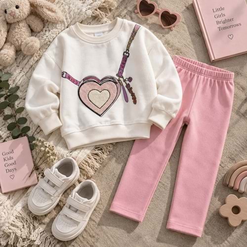 Kız Çocuk Yeni Sezon 3D Nakış İşlemeli 3 İplik Sweatshirt Tayt Alt Üst Takım