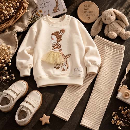 Kız Çocuk Balerin 3D Tütü Aplike Detaylı Sweatshirt Çizgili Tayt Alt Üst Takım