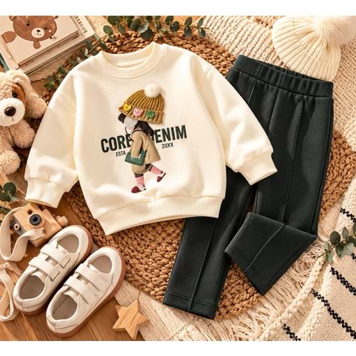 Kız Çocuk Aplike Bere Detay Aksesuarlı Baskılı Sweatshirt Eşofman Altı Alt Üst Takım - Şardonlu