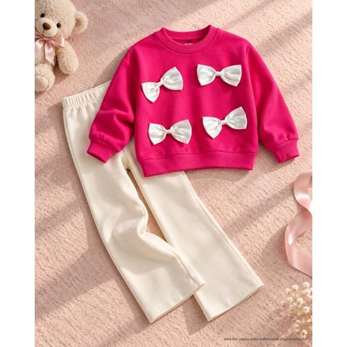 Kız Çocuk Saten Kurdele Aplikeli 3 iplik Sweatshirt ve Tayt Alt Üst Takım Yeni Sezon