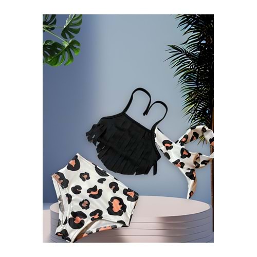 Kız Çocuk Püsküllü Bikini Takımı Yüksek Bel Leopar Desen 3 Parçalı Takım
