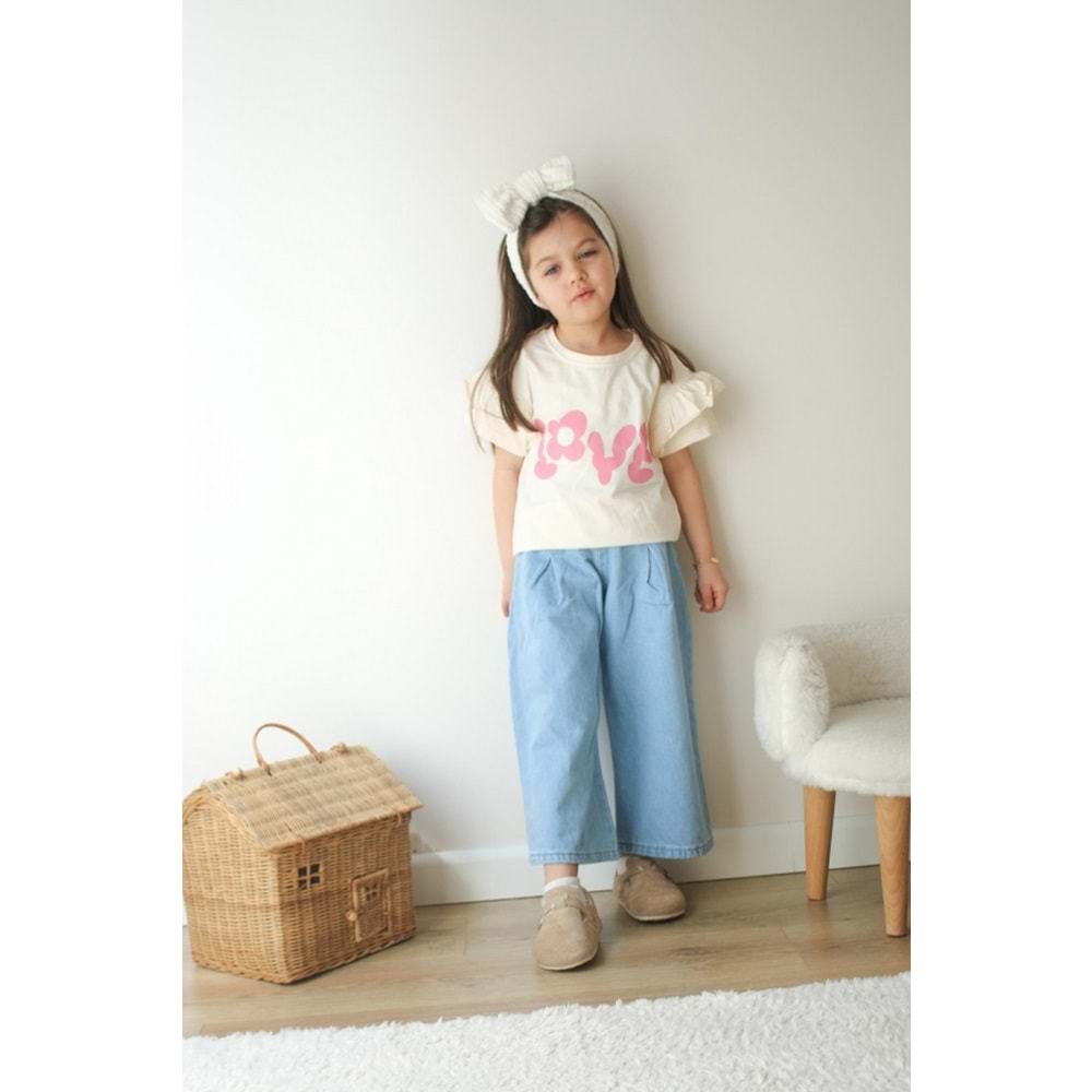 Kız Çocuk Fırfır Kol LOVE Baskılı Tshirt Yüksek Bel Geniş Paça Kot Pantolon Altüst Takım