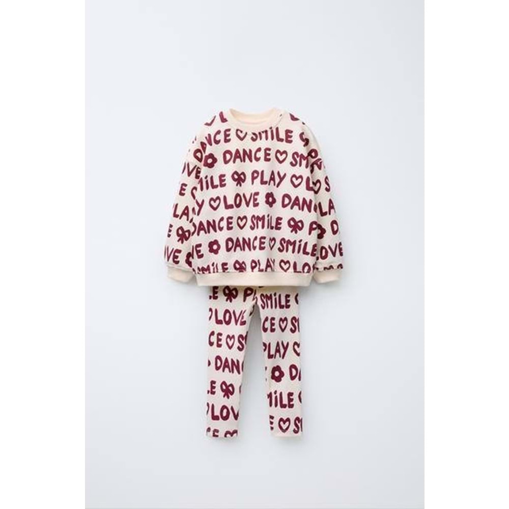 Kız Çocuk Love Slogan Yazı Detaylı Alt üst Takım 3 İplik