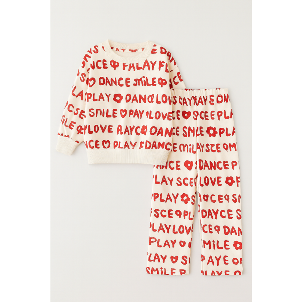 Kız Çocuk Love Slogan Yazı Detaylı Alt üst Takım 3 İplik