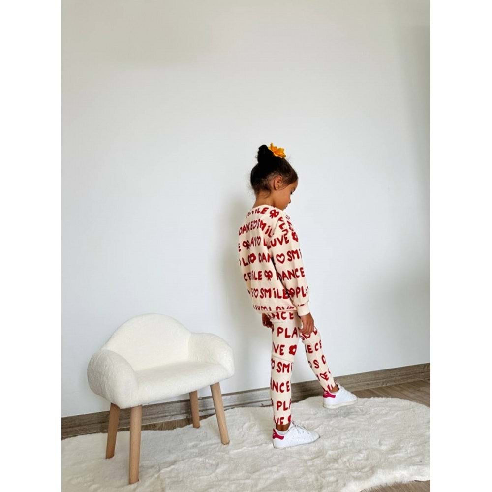 Kız Çocuk Love Slogan Yazı Detaylı Alt üst Takım 3 İplik