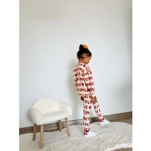 Kız Çocuk Love Slogan Yazı Detaylı Alt üst Takım 3 İplik