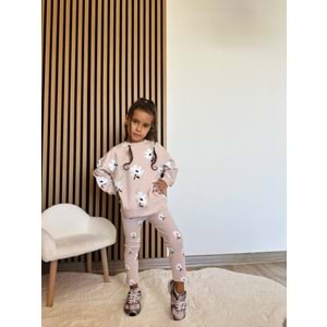 Kız Çocuk Çiçek - Leopar Detaylı 3 İplik Alt Üst Takım Sweatshirt + Tayt