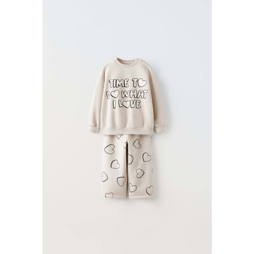 Kız Çocuk Slogan Yazı Detaylı Sweatshirt + Tayt Alt Üst Takım