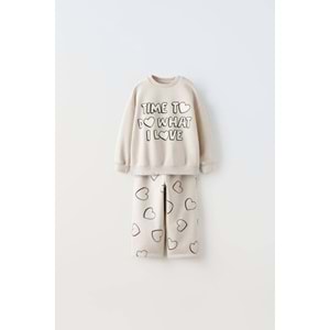 Kız Çocuk Slogan Yazı Detaylı Sweatshirt + Tayt Alt Üst Takım