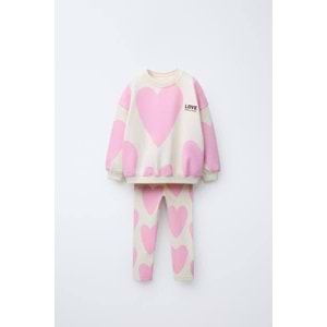 Kız Çocuk Lovew - Kalp Slogan Yazı Detaylı Sweatshirt + Tayt Alt Üst Takım