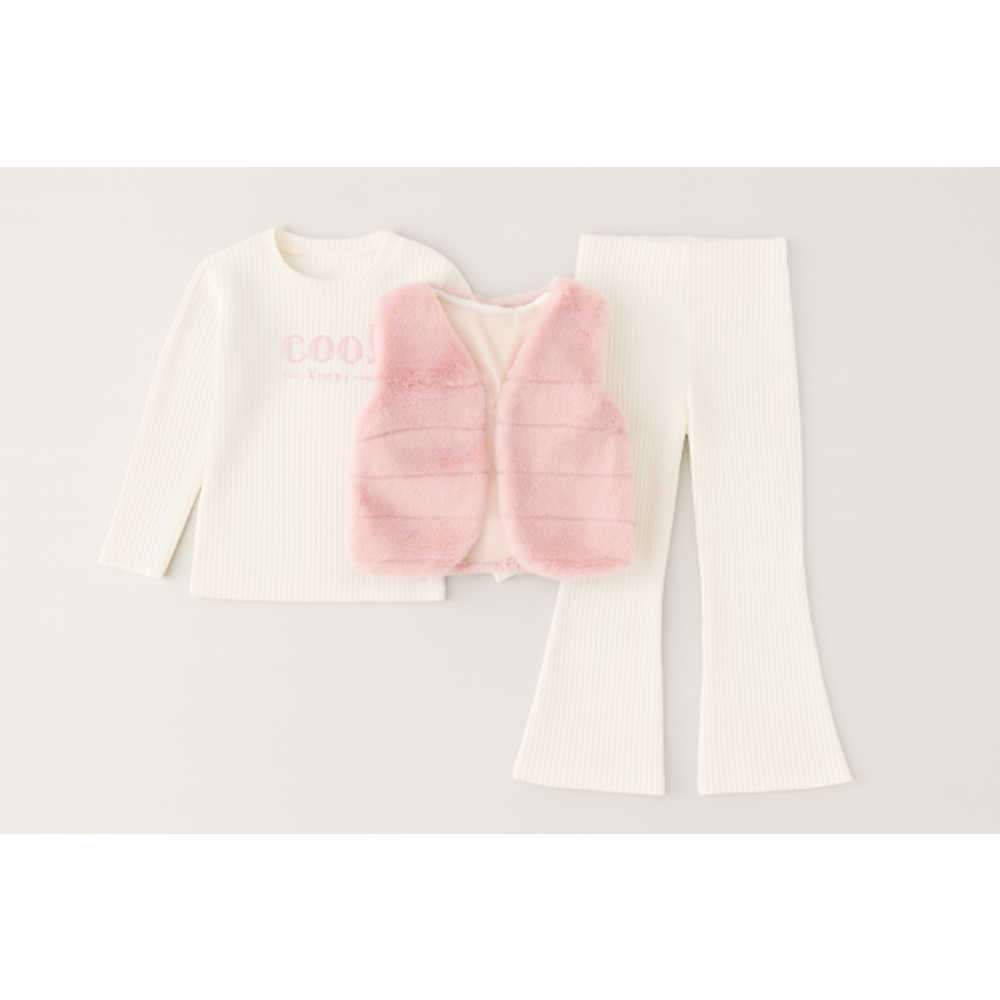 Kız Çocuk Pembe Renk Peluş Yelekli 3 Parça Alt Üt Takım