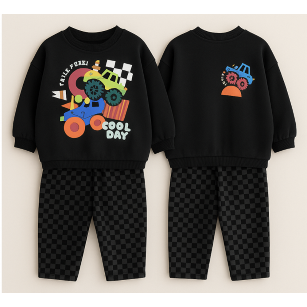 Erkek Çocuk Siyah Renk Araba Baskılı Sırt Detaylı Sweatshirt Kareli Jogger Eşofman Alt Üst Takım