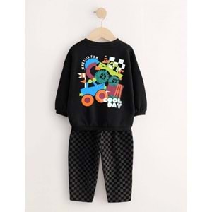 Erkek Çocuk Siyah Renk Araba Baskılı Sırt Detaylı Sweatshirt Kareli Jogger Eşofman Alt Üst Takım
