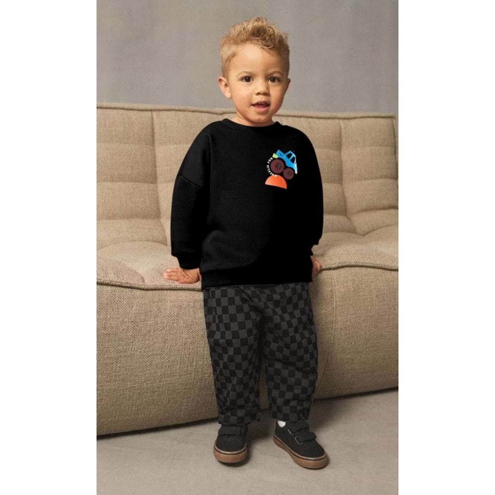 Erkek Çocuk Siyah Renk Araba Baskılı Sırt Detaylı Sweatshirt Kareli Jogger Eşofman Alt Üst Takım