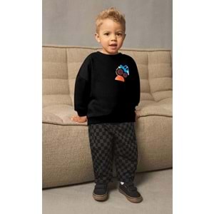 Erkek Çocuk Siyah Renk Araba Baskılı Sırt Detaylı Sweatshirt Kareli Jogger Eşofman Alt Üst Takım