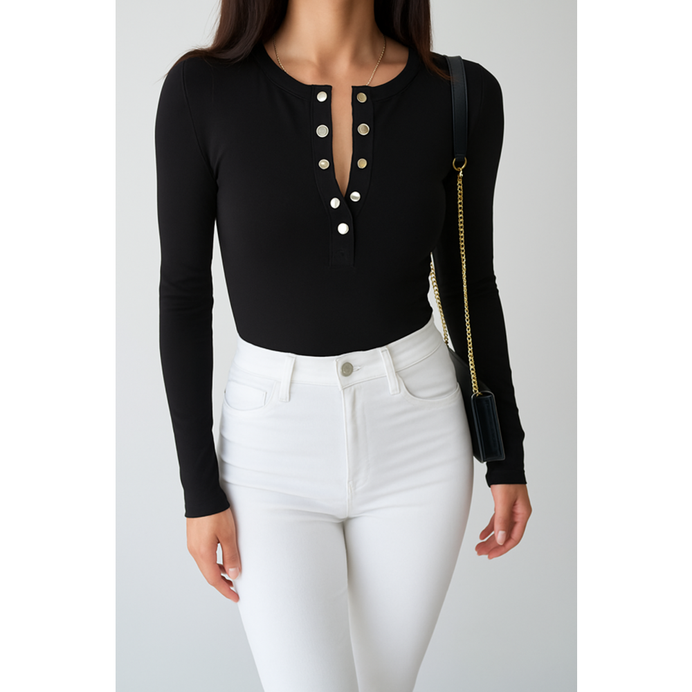 Yeni Sezon Çıtçıt Kapamalı Yaka Uzun Kol Body / Bluz Siyah Renk