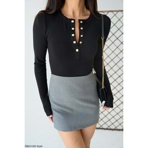 Yeni Sezon Çıtçıt Kapamalı Yaka Uzun Kol Body / Bluz Siyah Renk