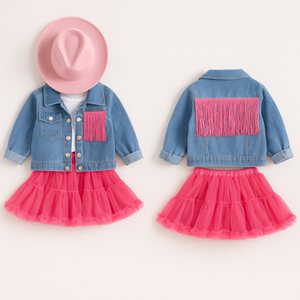 Kız Çocuk Püsküllü Kot Ceket ve Tütü Etek Alt Üst Takım Trend Moda Yeni Sezon