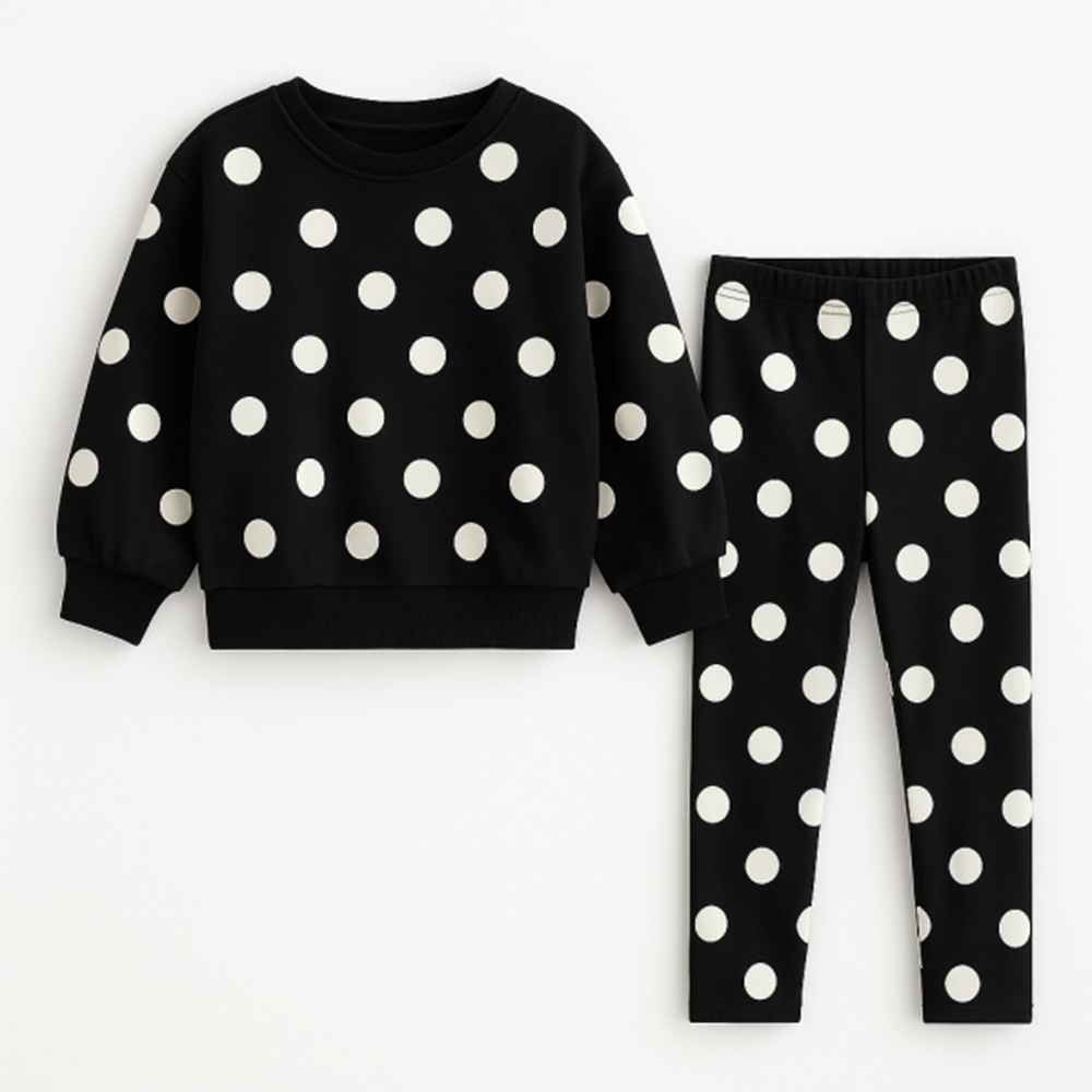 Kız Çocuk Siyah Beyaz Puantiyeli Sweatshirt Tayt Alt Üst Takım Polkadot