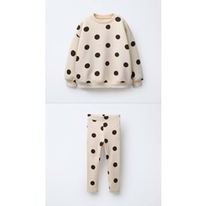 Kız Çocuk Siyah Beyaz Puantiyeli Sweatshirt Tayt Alt Üst Takım Polkadot